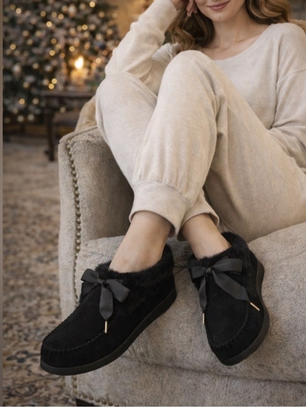 Tory Burch Aberdeen Shearling Slippers Black Suede Bow NIB Size 8